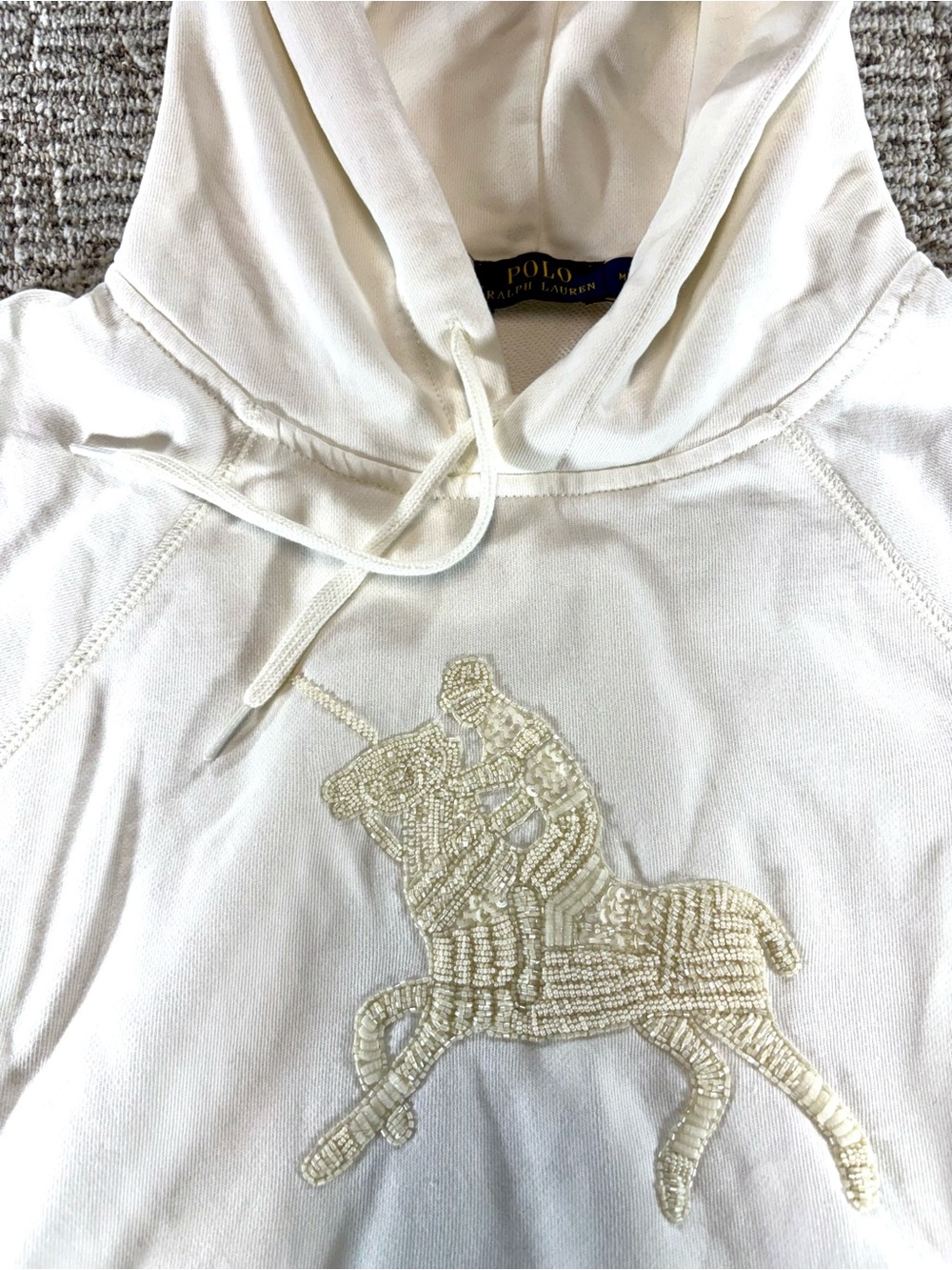 NEW Polo Ralph Lauren Women’s Medium White Hoodie Cream Beaded Pony Graphic - Picture 5 of 15